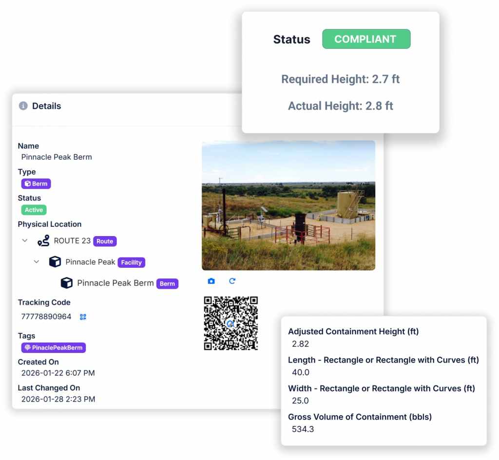 SPCC Berm compliance from based no asset dimensions and corresponding pass/fail.