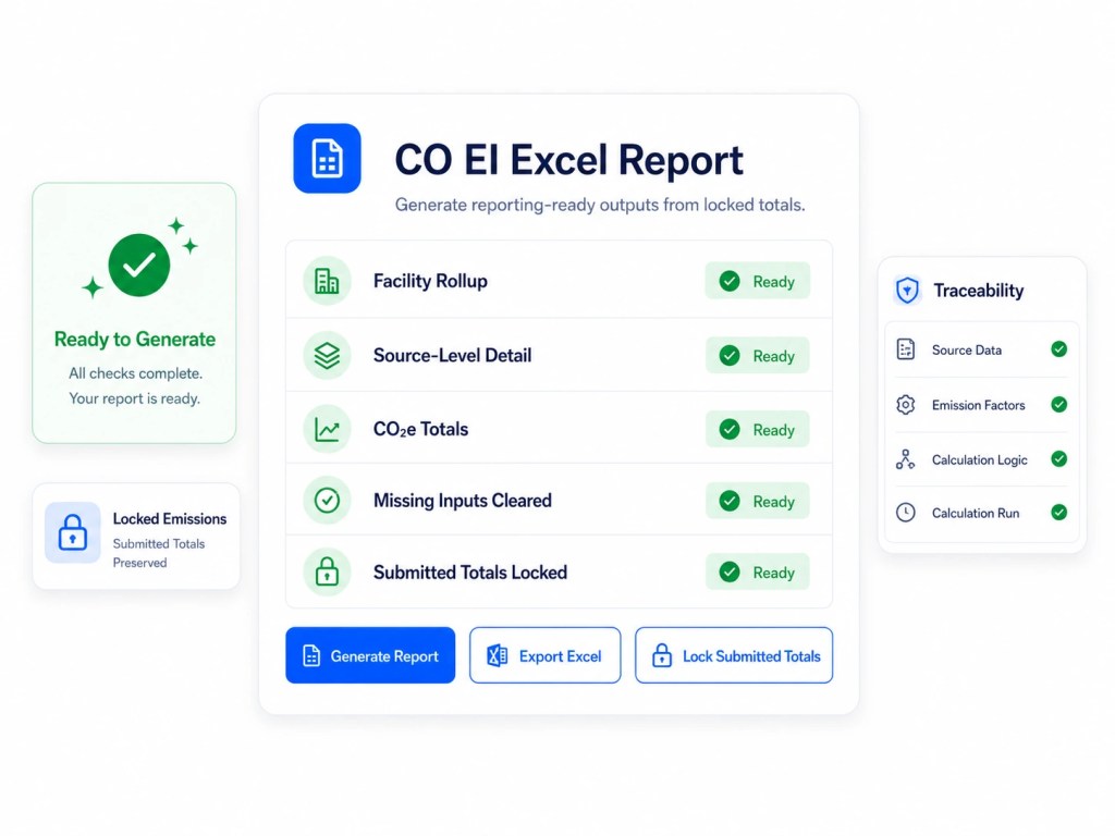 Assetas software mockup showing committed emissions records, facility rollups, source-level tables, and export-ready emissions reporting outputs.